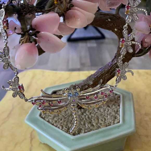 Vintage 925 multi stones dragonfly necklace